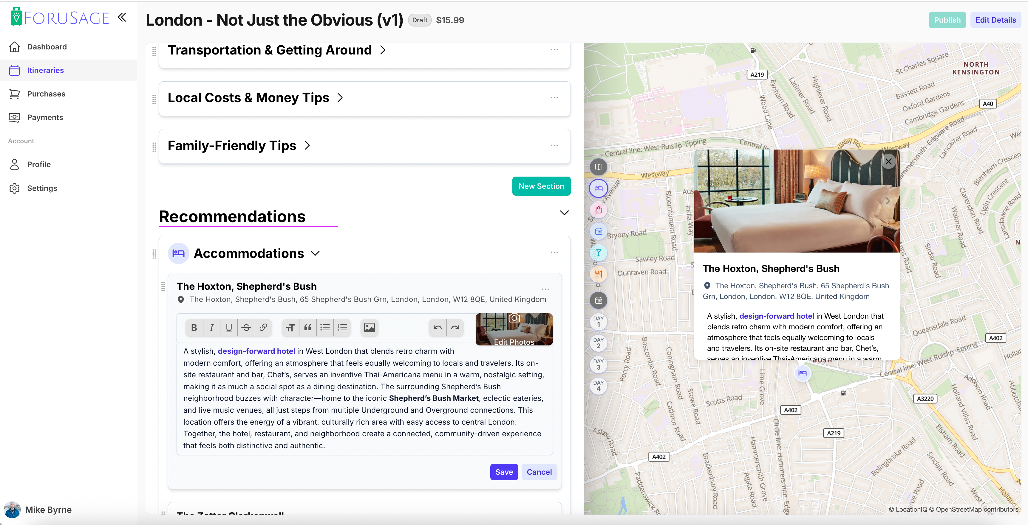 ForuSage Creator Interface - Recommendations and places