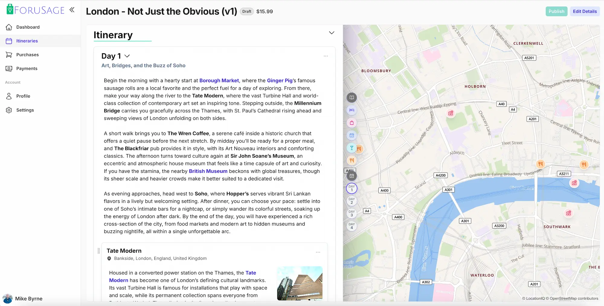 ForuSage Creator Interface - Day-by-day itineraries